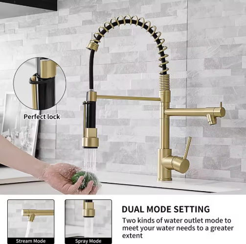 Brushed Gold Commercial Kitchen Sink Faucet with Pull Down Sprayer